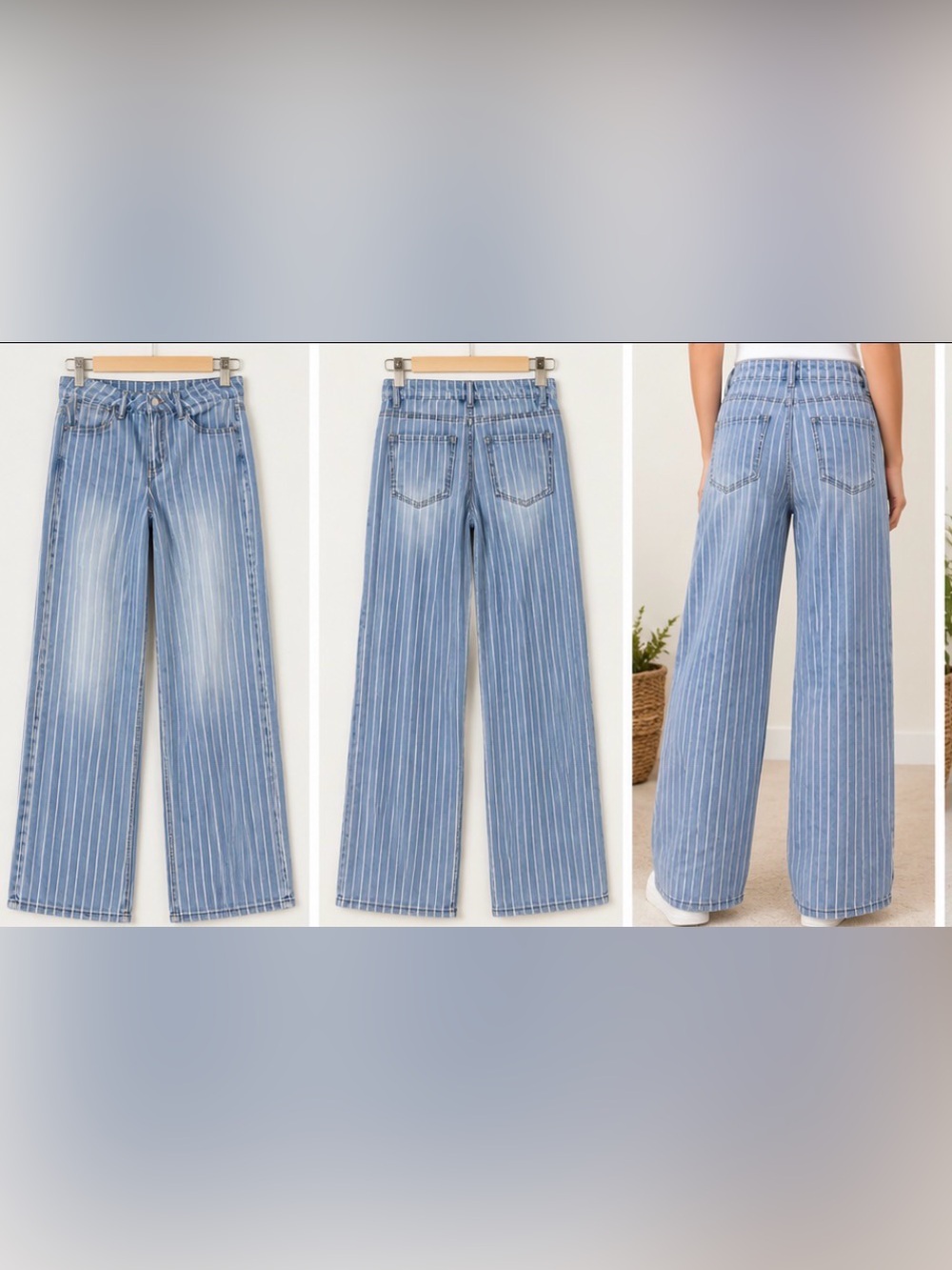 Women’s Medium Blue Pinstripe Wide Leg Pants Jeans Y2K Casual